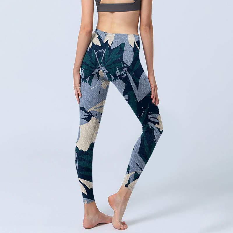 Leggings de sport à imprimé feuilles de plantes bleues Buddha Stones Pantalon de yoga pour femme - image 4