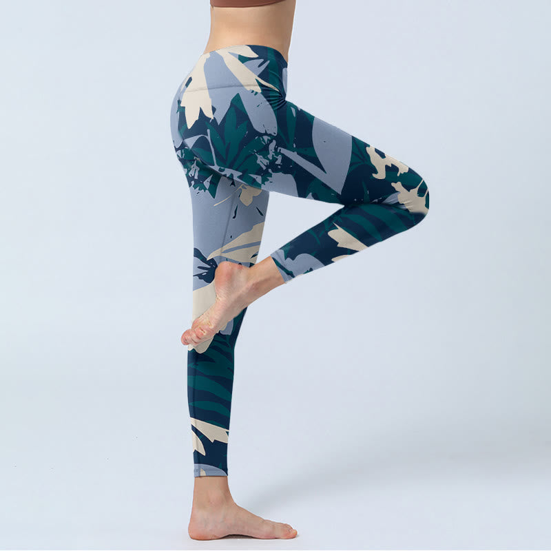 Leggings de sport à imprimé feuilles de plantes bleues Buddha Stones Pantalon de yoga pour femme - image 4