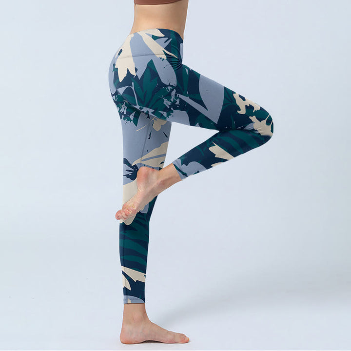 Leggings de sport à imprimé feuilles de plantes bleues Buddha Stones Pantalon de yoga pour femme - image 4