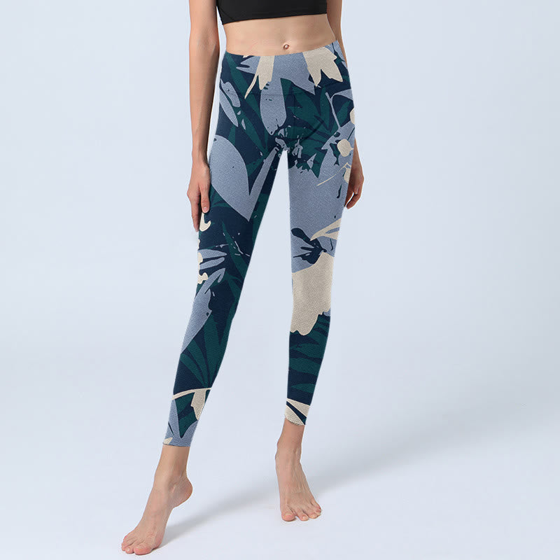 Leggings de sport à imprimé feuilles de plantes bleues Buddha Stones Pantalon de yoga pour femme - image 5