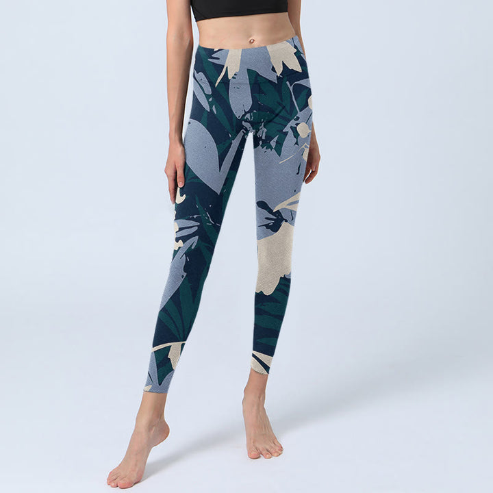 Leggings de sport à imprimé feuilles de plantes bleues Buddha Stones Pantalon de yoga pour femme - image 5