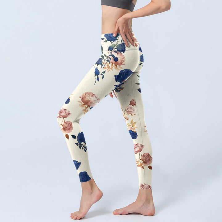 Pantalon de yoga pour femme avec imprimé feuilles de roses rouges et bleues Buddha Stones - image 2