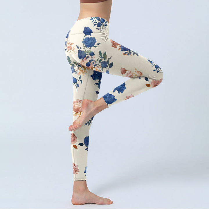 Pantalon de yoga pour femme avec imprimé feuilles de roses rouges et bleues Buddha Stones - image 3