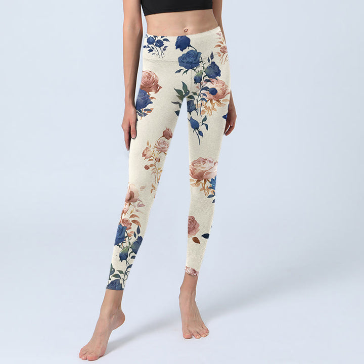 Pantalon de yoga pour femme avec imprimé feuilles de roses rouges et bleues Buddha Stones - image 5
