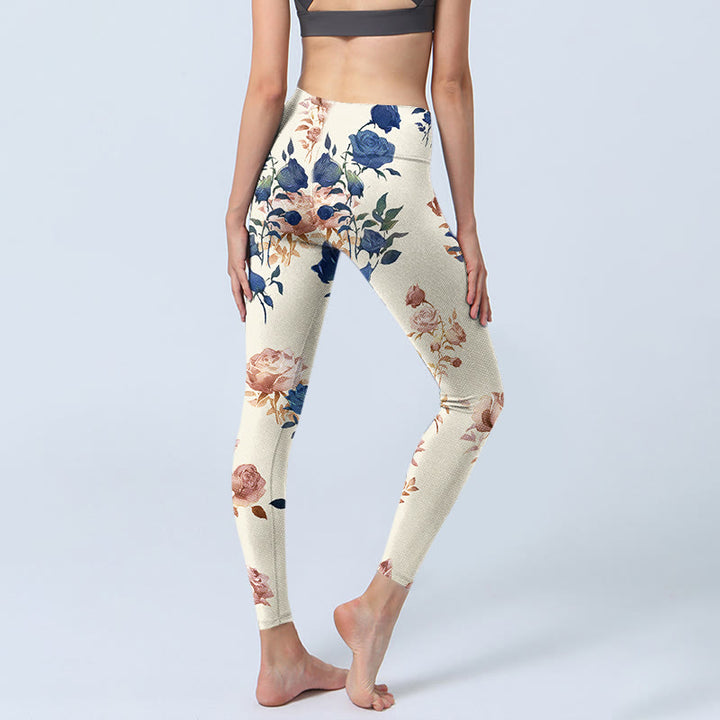 Pantalon de yoga pour femme avec imprimé feuilles de roses rouges et bleues Buddha Stones - image 4