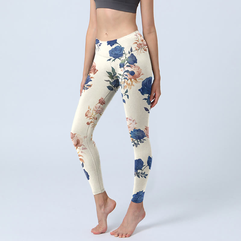 Pantalon de yoga pour femme avec imprimé feuilles de roses rouges et bleues Buddha Stones - soie de maïs - US18，UK/AU22，EU50 (4XL) - image 0