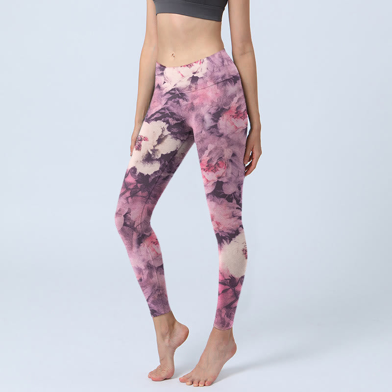 Leggings de sport à imprimé fleurs de pivoine violettes Buddha Stones Pantalon de yoga pour femme - Orchidée - US18，UK/AU22，EU50 (4XL) - image 0