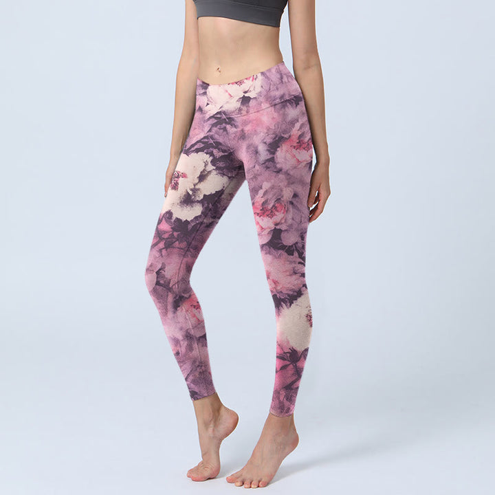 Leggings de sport à imprimé fleurs de pivoine violettes Buddha Stones Pantalon de yoga pour femme - Orchidée - US18，UK/AU22，EU50 (4XL) - image 0