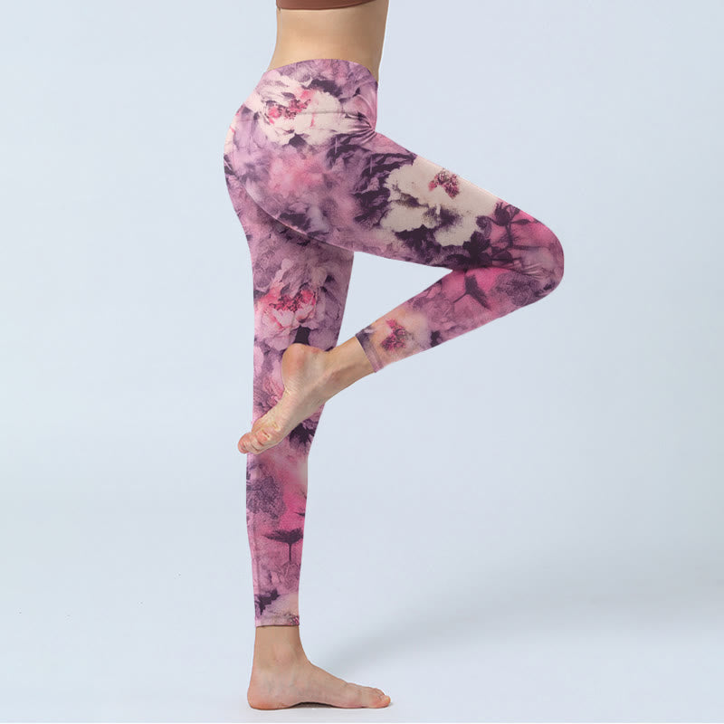 Leggings de sport à imprimé fleurs de pivoine violettes Buddha Stones Pantalon de yoga pour femme - image 3