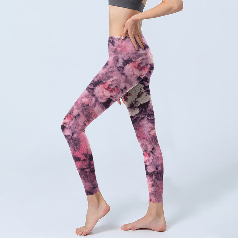 Leggings de sport à imprimé fleurs de pivoine violettes Buddha Stones Pantalon de yoga pour femme - image 3
