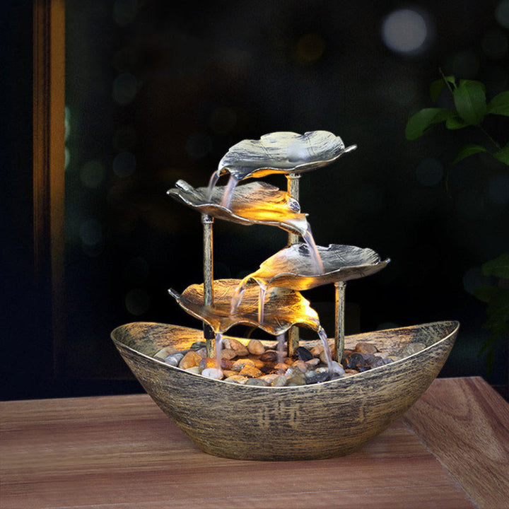 Fontaine cascade en forme de feuille de lotus , Buddha Stones, ornements de table avec lumière LED, décoration de bureau pour la maison - Argent (version plastique) - image 0
