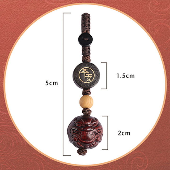 Porte-clés de protection sûr et efficace PiXiu en bois de santal rouge à petites feuilles de Buddha Stones
