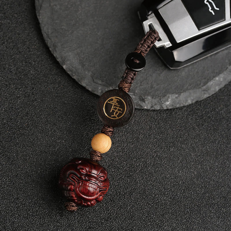 Porte-clés de protection sûr et efficace PiXiu en bois de santal rouge à petites feuilles de Buddha Stones