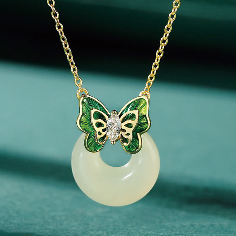 Buddha Stones pendentif porte-bonheur en argent sterling 925 avec boucle de paix en jade naturel Hetian et papillon en zircon