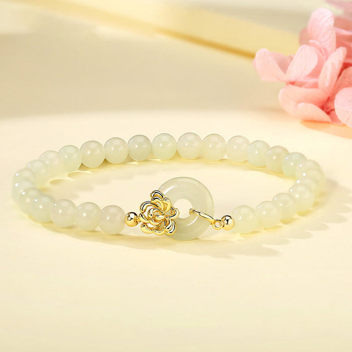 Bracelet de prospérité avec boucle de paix en argent sterling 925 et jade Hetian naturel d'automne chrysanthème Buddha Stones