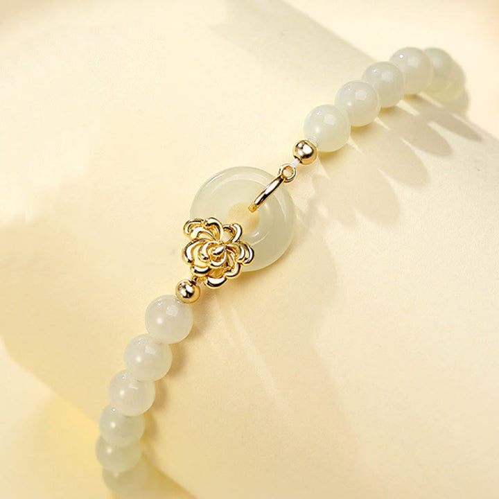 Bracelet de prospérité avec boucle de paix en argent sterling 925 et jade Hetian naturel d'automne chrysanthème Buddha Stones