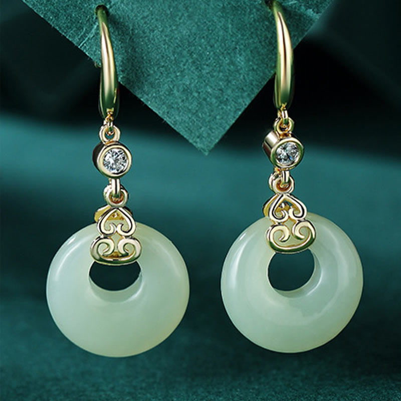 Boucles d'oreilles pendantes en argent sterling 925 avec Buddha Stones en jade naturel Hetian et boucle de paix en zircon - Boucles d'oreilles en jade - image 13