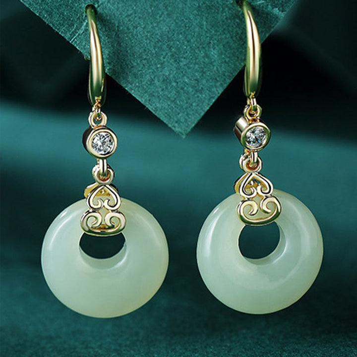 Boucles d'oreilles pendantes en argent sterling 925 avec Buddha Stones en jade naturel Hetian et boucle de paix en zircon - Boucles d'oreilles en jade - image 13