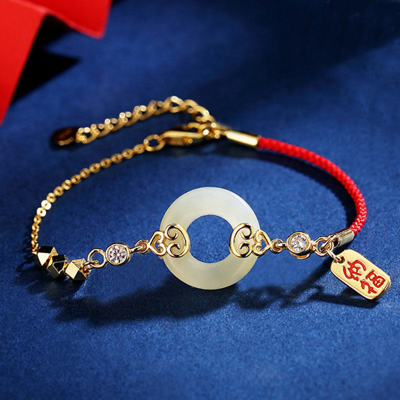 Boucles d'oreilles pendantes en argent sterling 925 avec Buddha Stones en jade naturel Hetian et boucle de paix en zircon - Bracelet en jade (tour de poignet 14-17 cm) - image 0