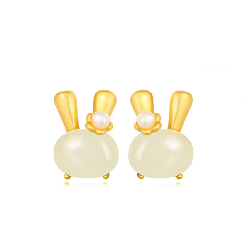 Boucles d'oreilles en argent sterling 925 avec Buddha Stones et jade Hetian naturel, lapin mignon et perle abondante