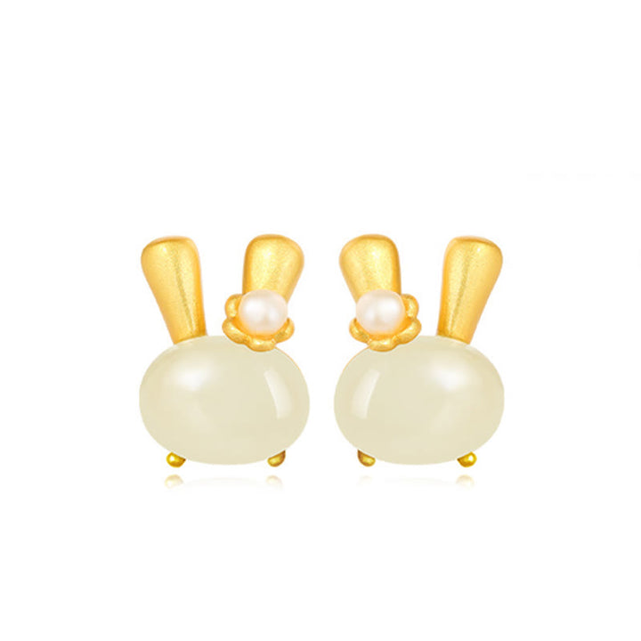 Boucles d'oreilles en argent sterling 925 avec Buddha Stones et jade Hetian naturel, lapin mignon et perle abondante