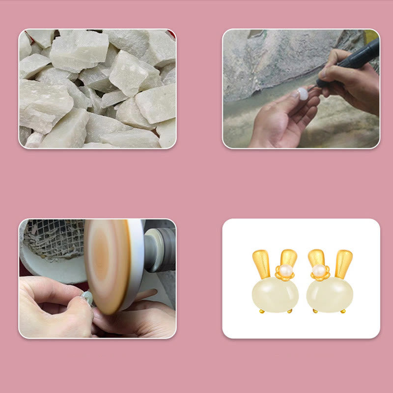 Boucles d'oreilles en argent sterling 925 avec Buddha Stones et jade Hetian naturel, lapin mignon et perle abondante - image 9