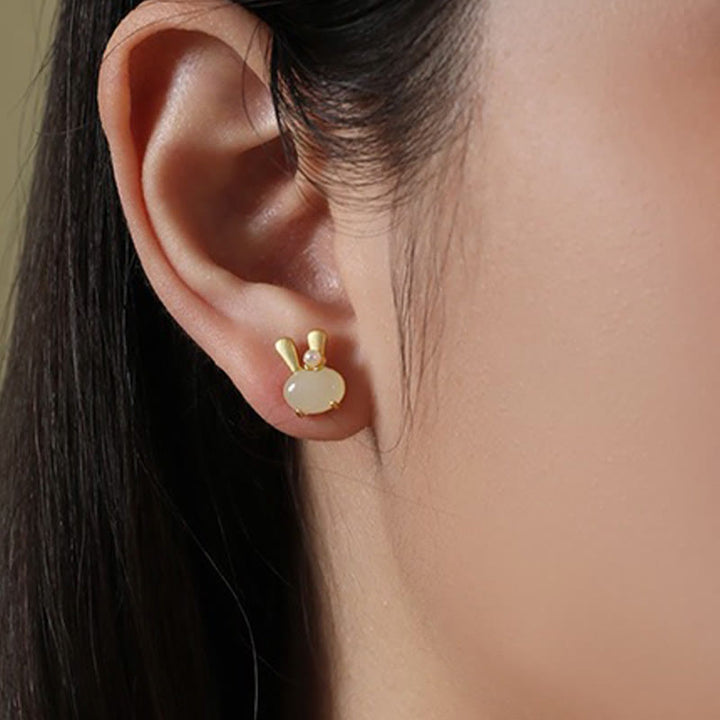 Boucles d'oreilles en argent sterling 925 avec Buddha Stones et jade Hetian naturel, lapin mignon et perle abondante