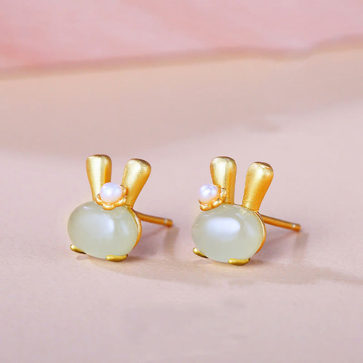 Boucles d'oreilles en argent sterling 925 avec Buddha Stones et jade Hetian naturel, lapin mignon et perle abondante
