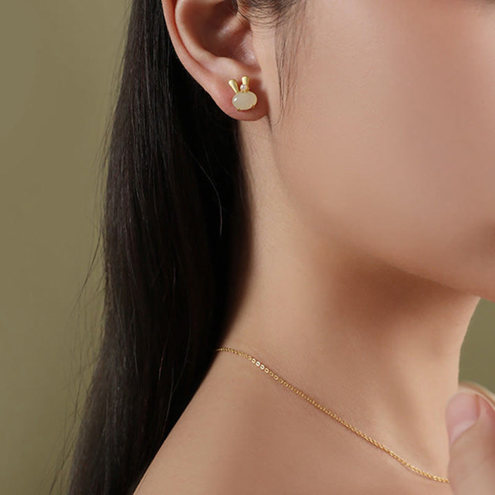Boucles d'oreilles en argent sterling 925 avec Buddha Stones et jade Hetian naturel, lapin mignon et perle abondante
