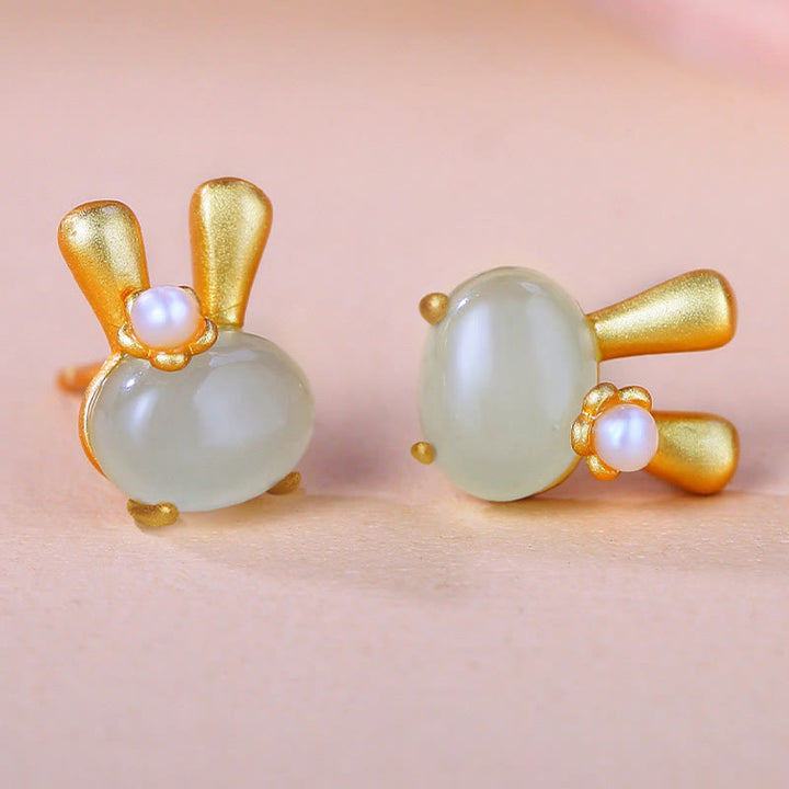 Boucles d'oreilles en argent sterling 925 avec Buddha Stones et jade Hetian naturel, lapin mignon et perle abondante