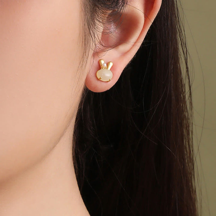 Boucles d'oreilles en argent sterling 925 avec Buddha Stones et jade Hetian naturel, lapin mignon et perle abondante