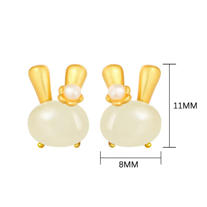 Boucles d'oreilles en argent sterling 925 avec Buddha Stones et jade Hetian naturel, lapin mignon et perle abondante