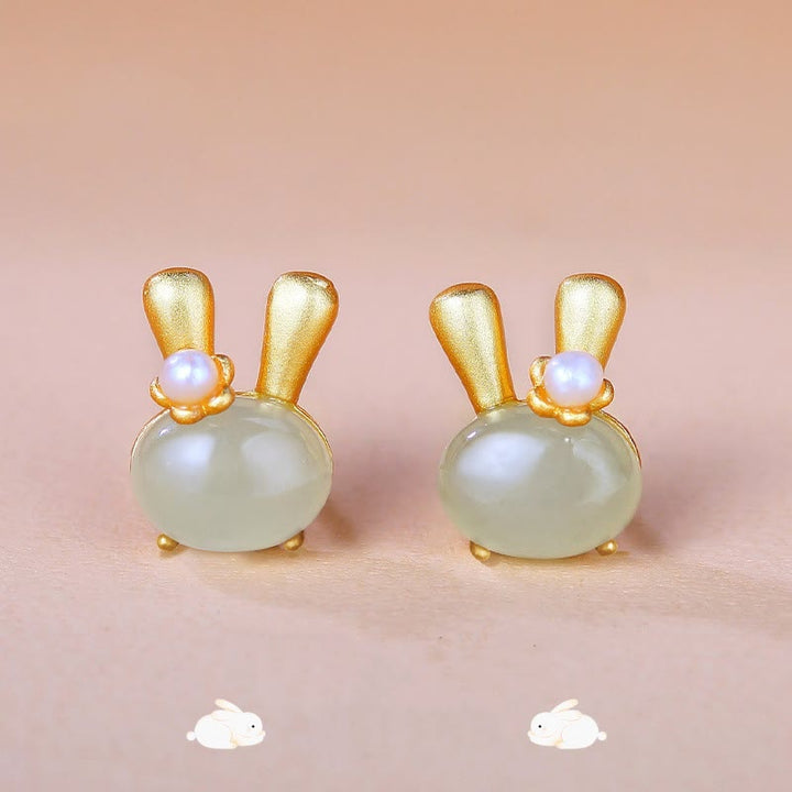 Boucles d'oreilles en argent sterling 925 avec Buddha Stones et jade Hetian naturel, lapin mignon et perle abondante