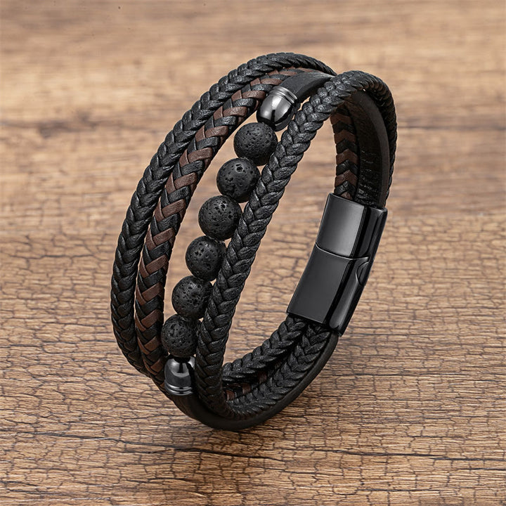 Bracelet en cuir positif avec Buddha Stones en hématite et pierre de lave, œil de tigre, onyx noir et lazurite