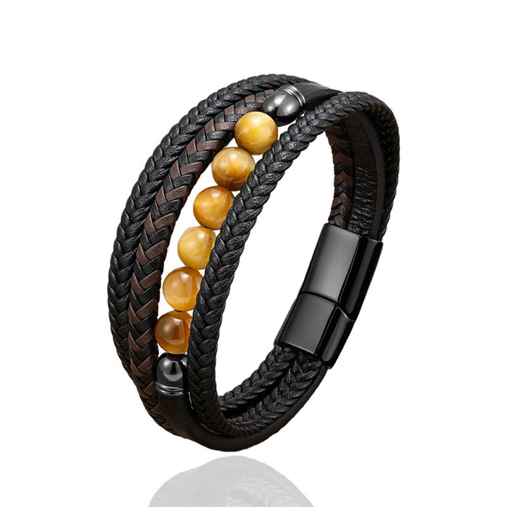 Bracelet en cuir positif avec Buddha Stones en hématite et pierre de lave, œil de tigre, onyx noir et lazurite