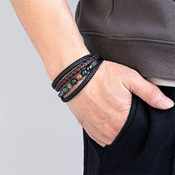 Bracelet en cuir positif avec Buddha Stones en hématite et pierre de lave, œil de tigre, onyx noir et lazurite