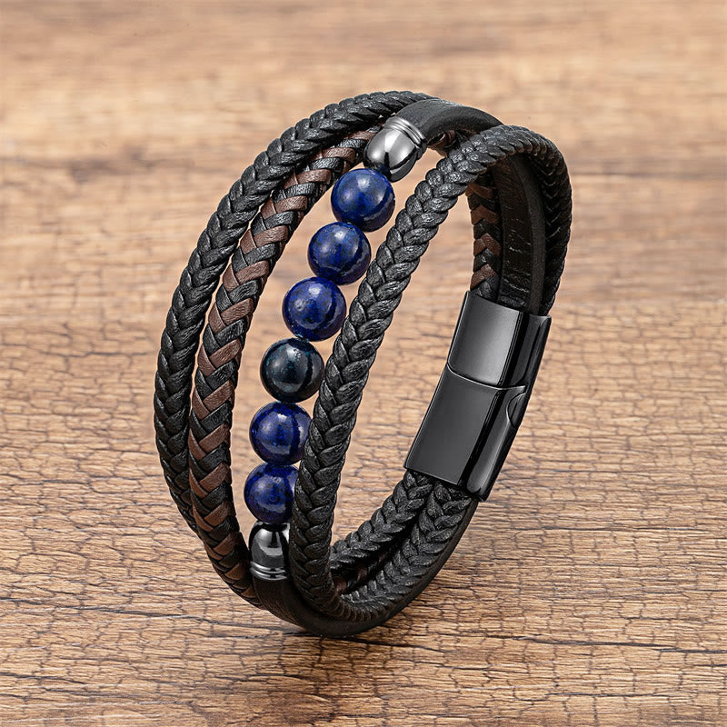 Bracelet en cuir positif avec Buddha Stones en hématite et pierre de lave, œil de tigre, onyx noir et lazurite