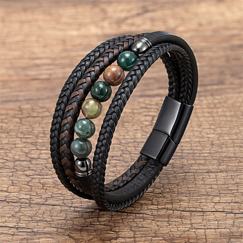 Bracelet en cuir positif avec Buddha Stones en hématite et pierre de lave, œil de tigre, onyx noir et lazurite