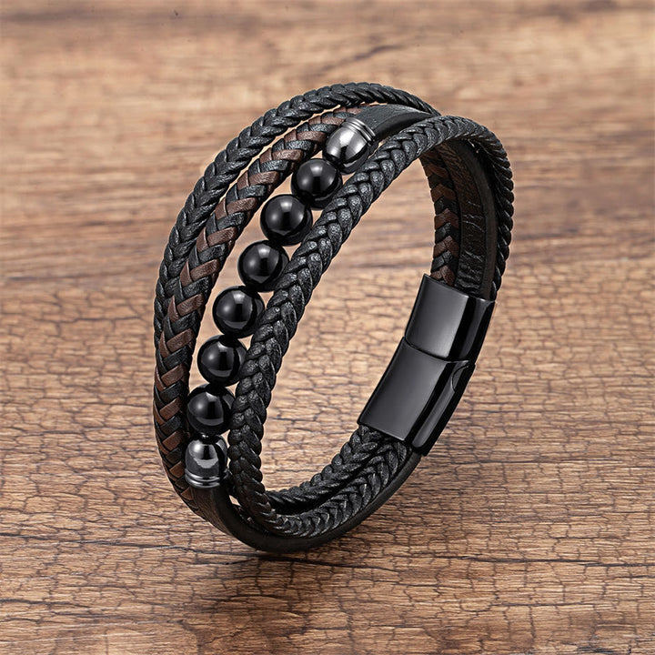 Bracelet en cuir positif avec Buddha Stones en hématite et pierre de lave, œil de tigre, onyx noir et lazurite