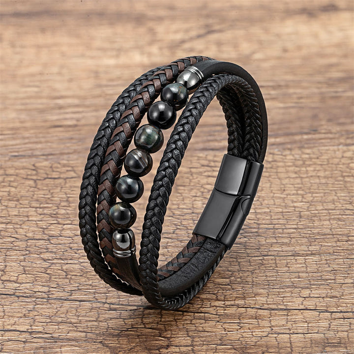 Bracelet en cuir positif avec Buddha Stones en hématite et pierre de lave, œil de tigre, onyx noir et lazurite