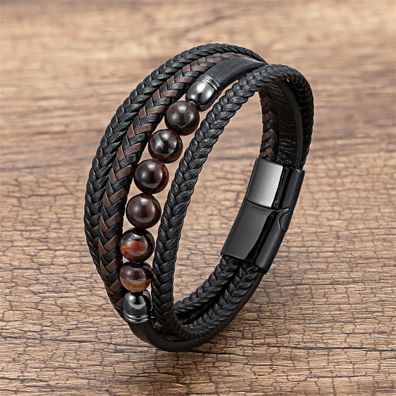 Bracelet en cuir positif avec Buddha Stones en hématite et pierre de lave, œil de tigre, onyx noir et lazurite