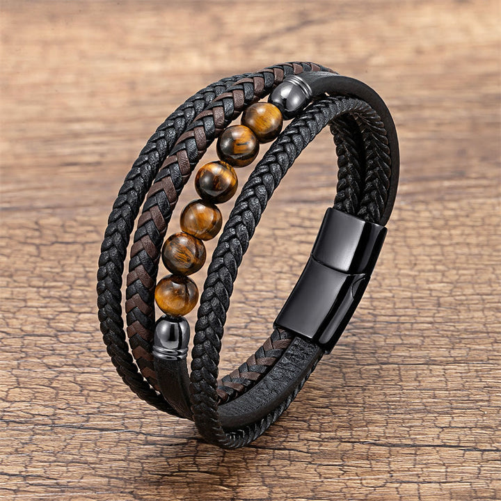 Bracelet en cuir positif avec Buddha Stones en hématite et pierre de lave, œil de tigre, onyx noir et lazurite
