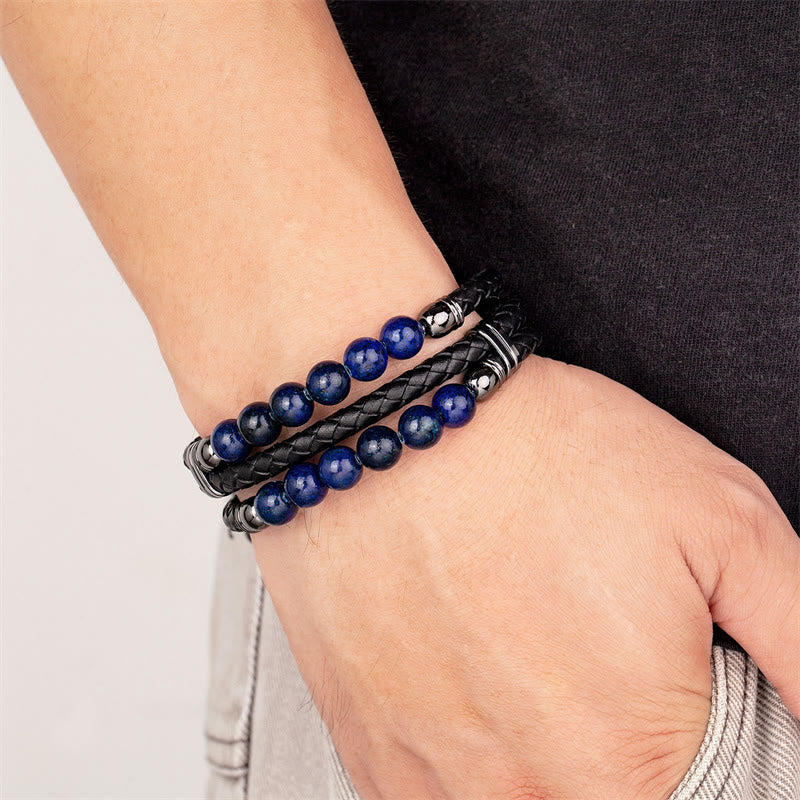 Bracelet en cuir avec Buddha Stones, œil de tigre, hématite, pierre de lave, onyx noir, perles de lazurite, protection et force