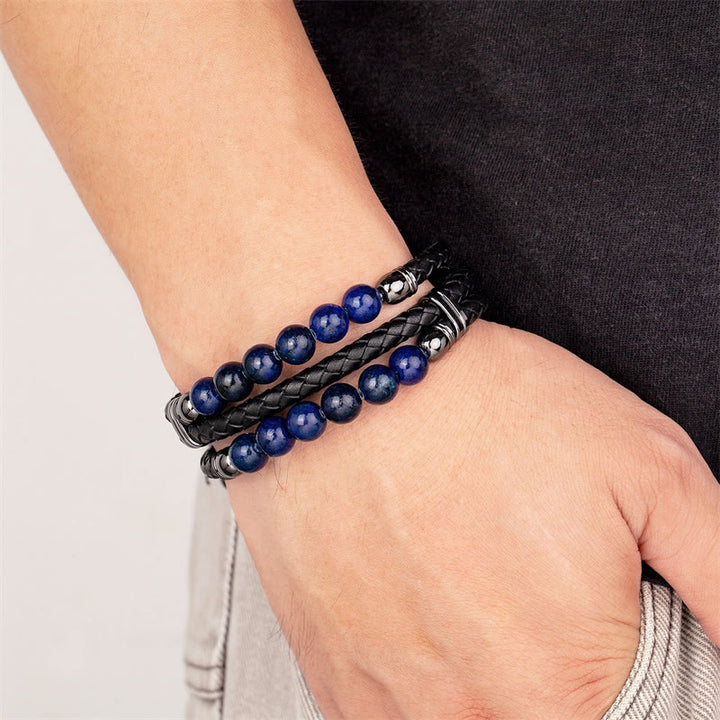 Bracelet en cuir avec Buddha Stones, œil de tigre, hématite, pierre de lave, onyx noir, perles de lazurite, protection et force