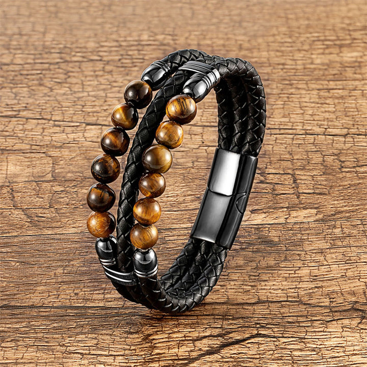 Bracelet en cuir avec Buddha Stones, œil de tigre, hématite, pierre de lave, onyx noir, perles de lazurite, protection et force