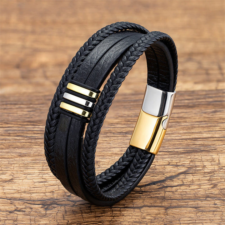 Bracelet en cuir tressé fait main avec boucle en acier titane et Buddha Stones