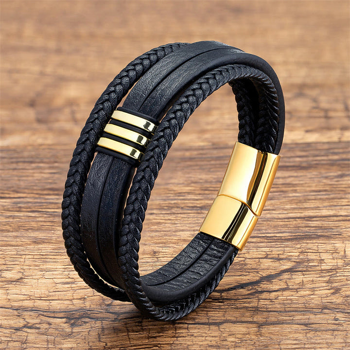 Bracelet en cuir tressé fait main avec boucle en acier titane et Buddha Stones