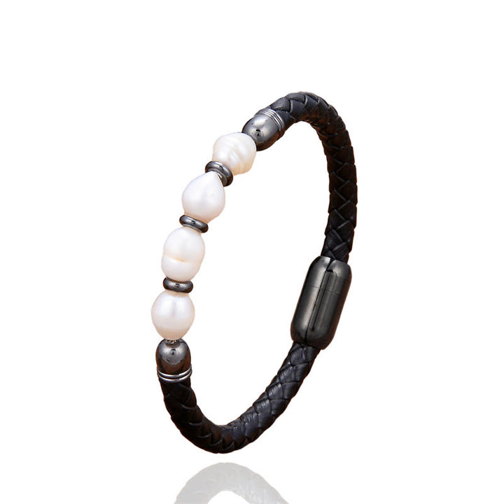 Bracelet en cuir et acier titane avec perles de forme irrégulière faites à la main avec Buddha Stones