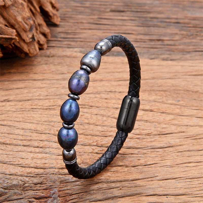 Bracelet en cuir et acier titane avec perles de forme irrégulière faites à la main avec Buddha Stones