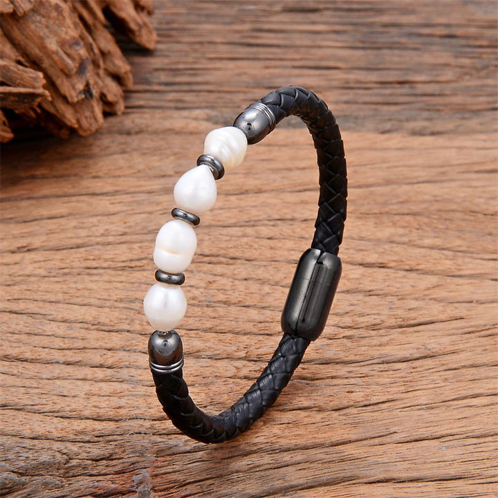 Bracelet en cuir et acier titane avec perles de forme irrégulière faites à la main avec Buddha Stones